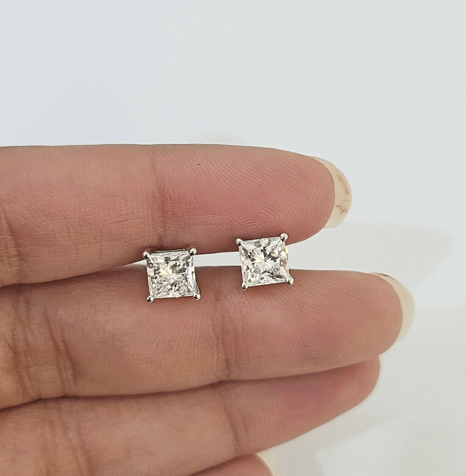 14k White gold Square Earrings Diamond screw - back Lab Created Women Men Studs - GoldenlinQ